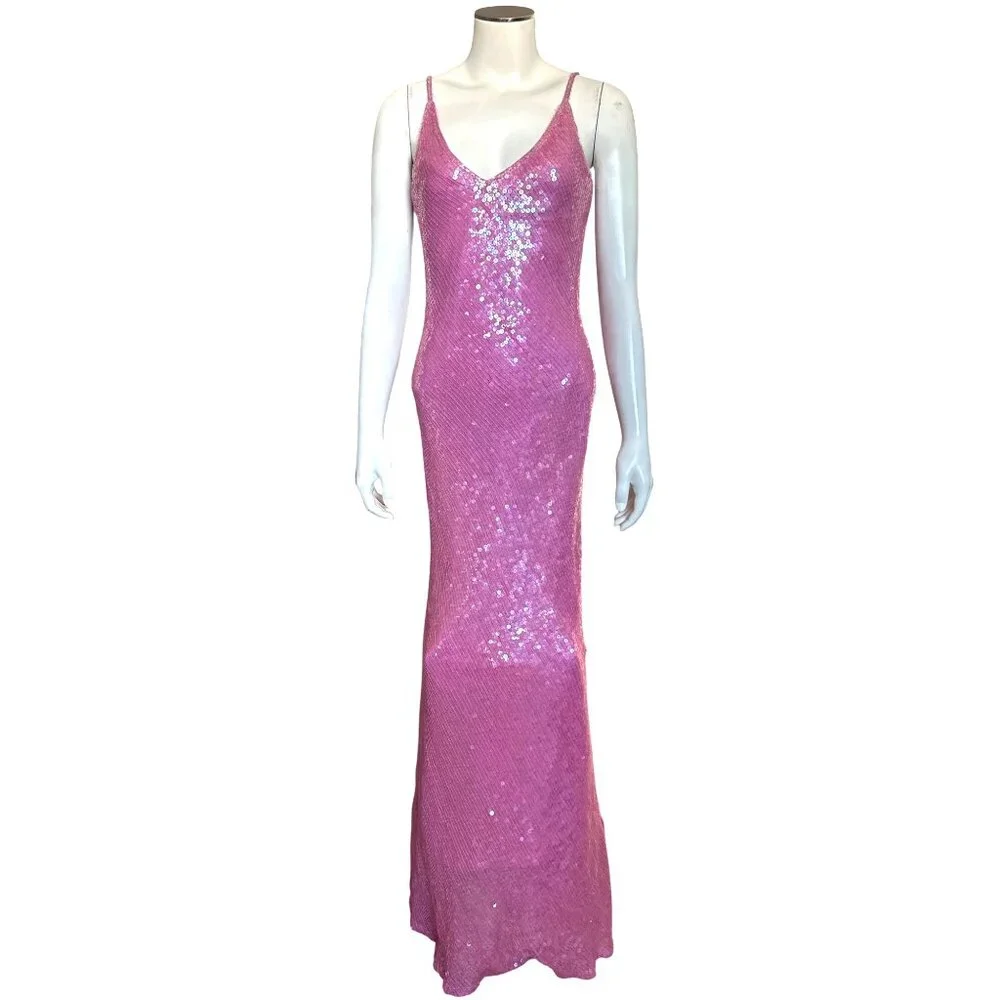 Scala Small Pink Silk Sequin Bias Cut Gown V Back Barbiecore Y2K Vintage Evening - Picture 2 of 11